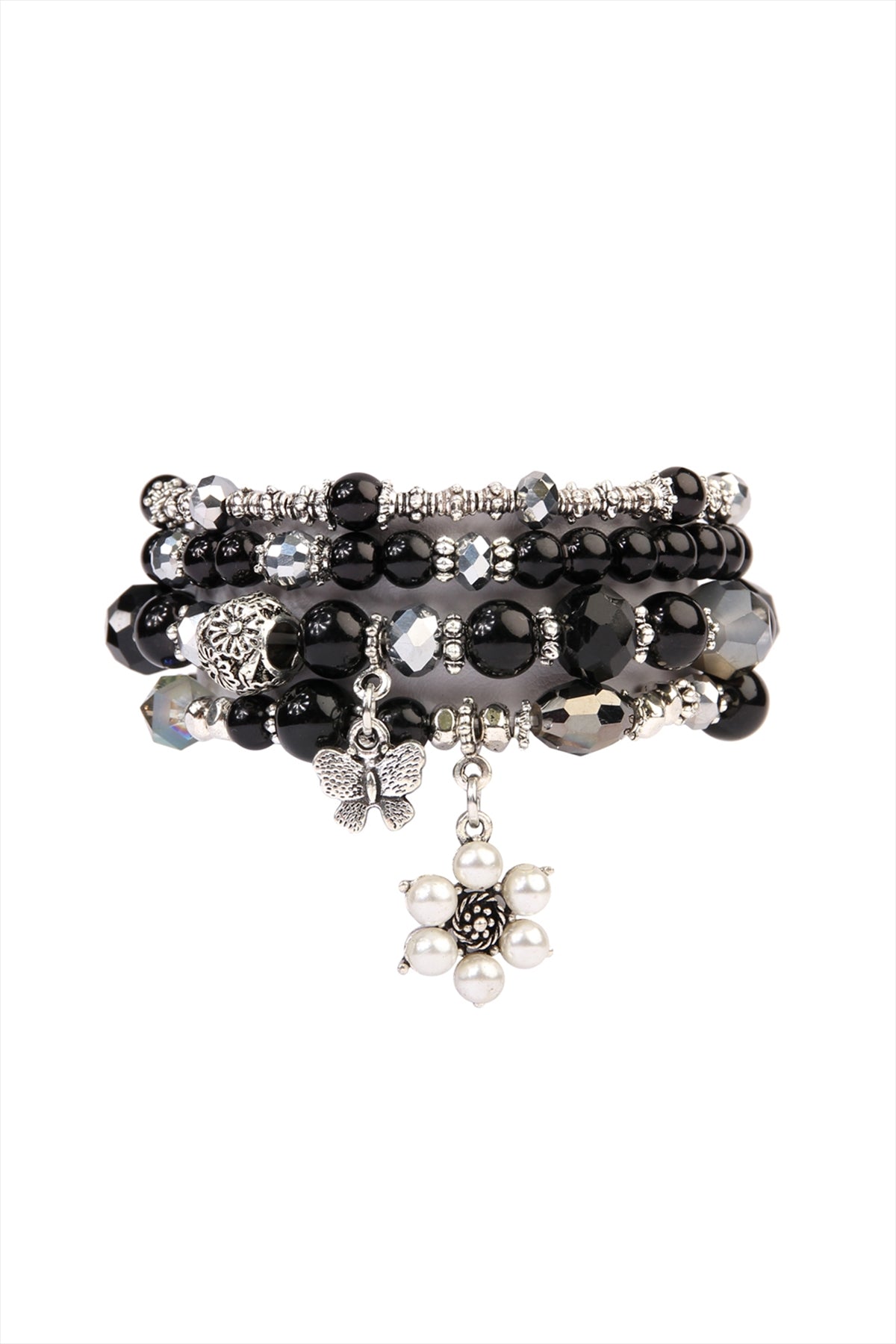 Classy Stackable Black Butterfly and Pearl Bracelet Set - Pack of Six Pieces