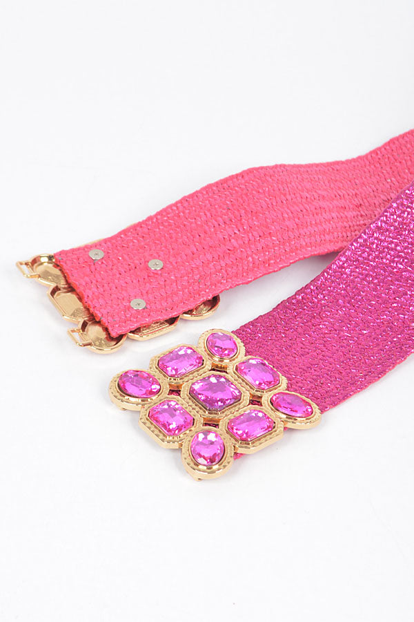 Pack of 6 Multi - Stone Metallic Straw Stretch Belts in Fuchsia Color 4578