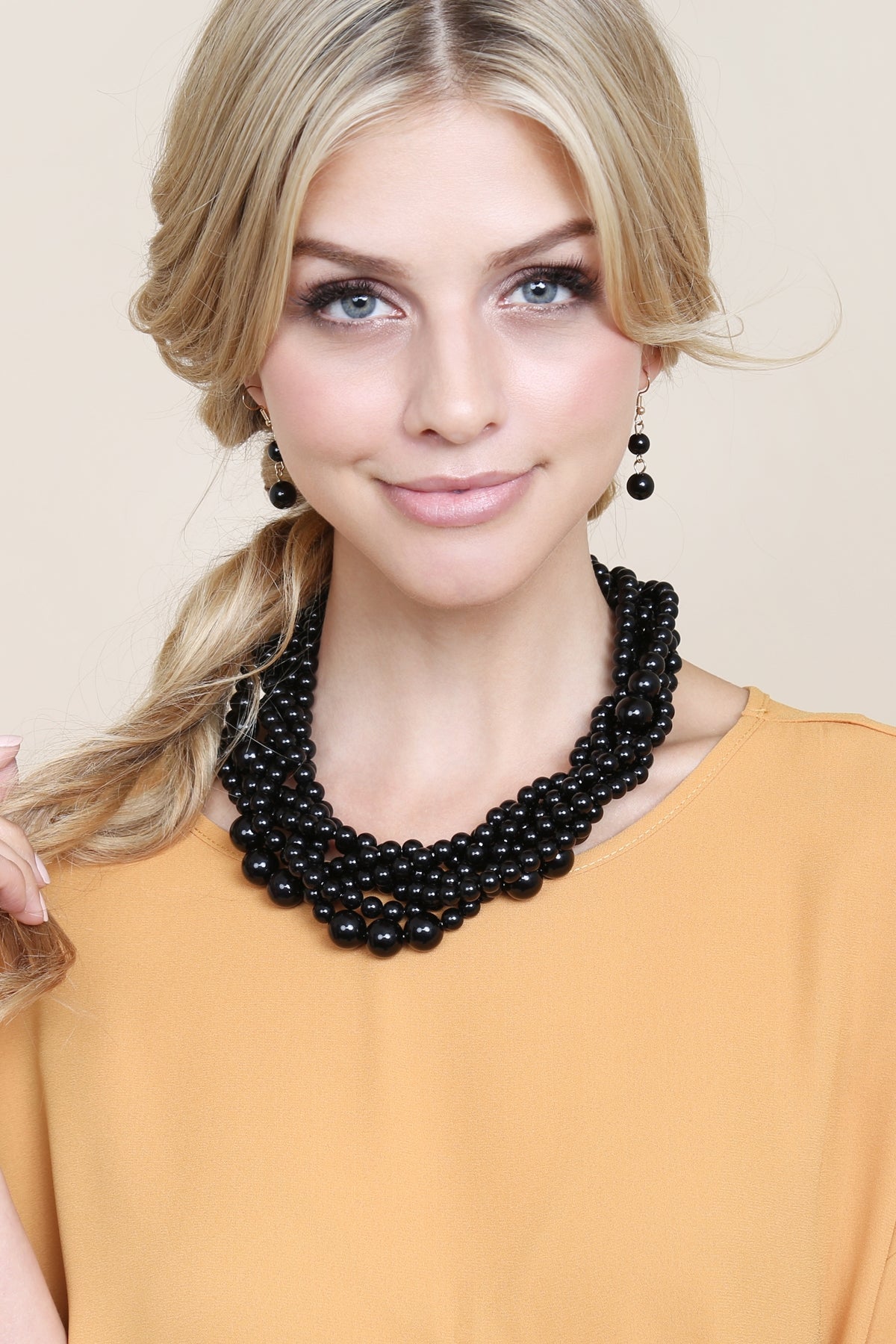Stylish Black Multi-Strand Bubble Design Choker Necklace and Earring Set - Pack of Six Pieces