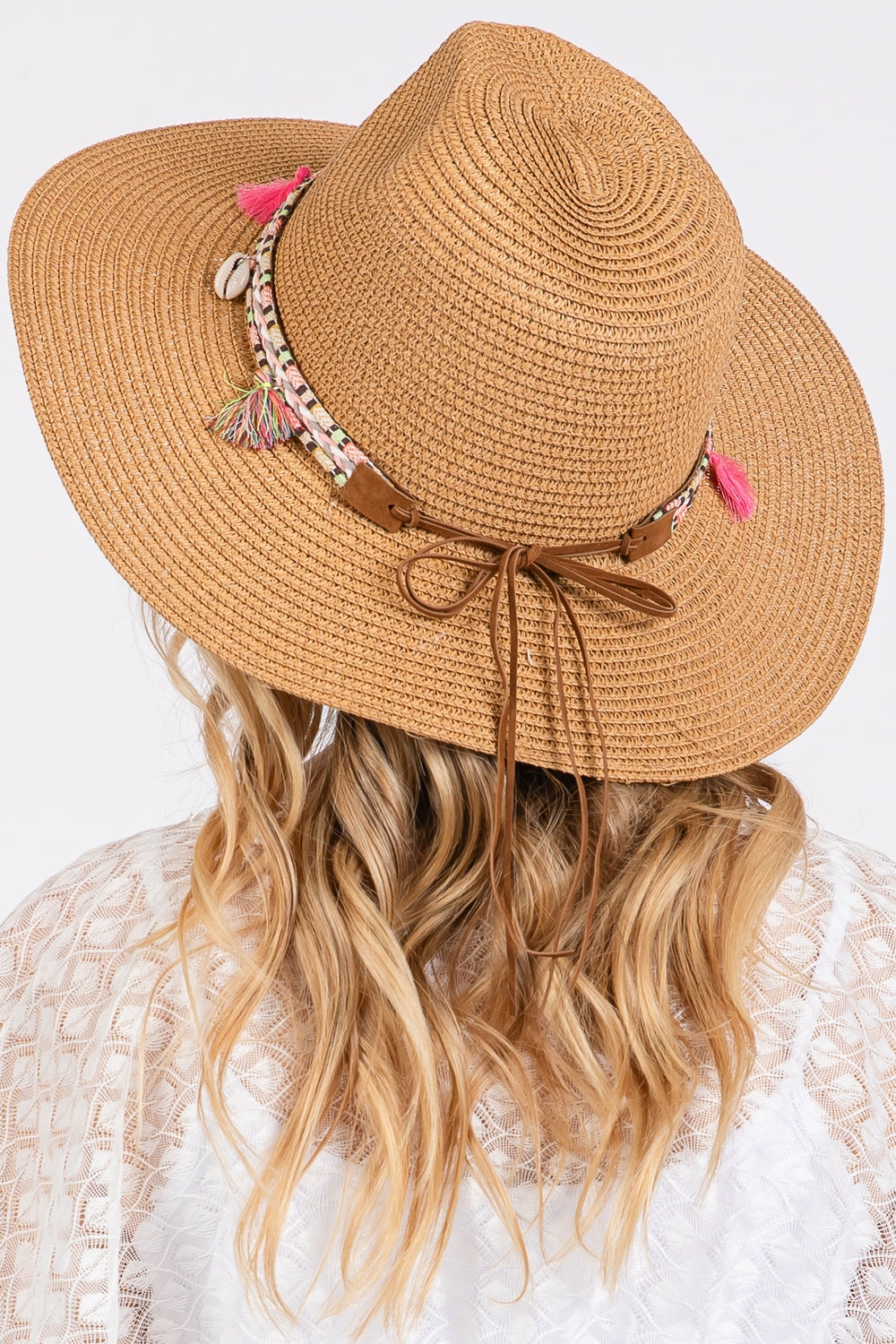Taupe Boho Tassel Band Straw Sun Hats - Pack of 6