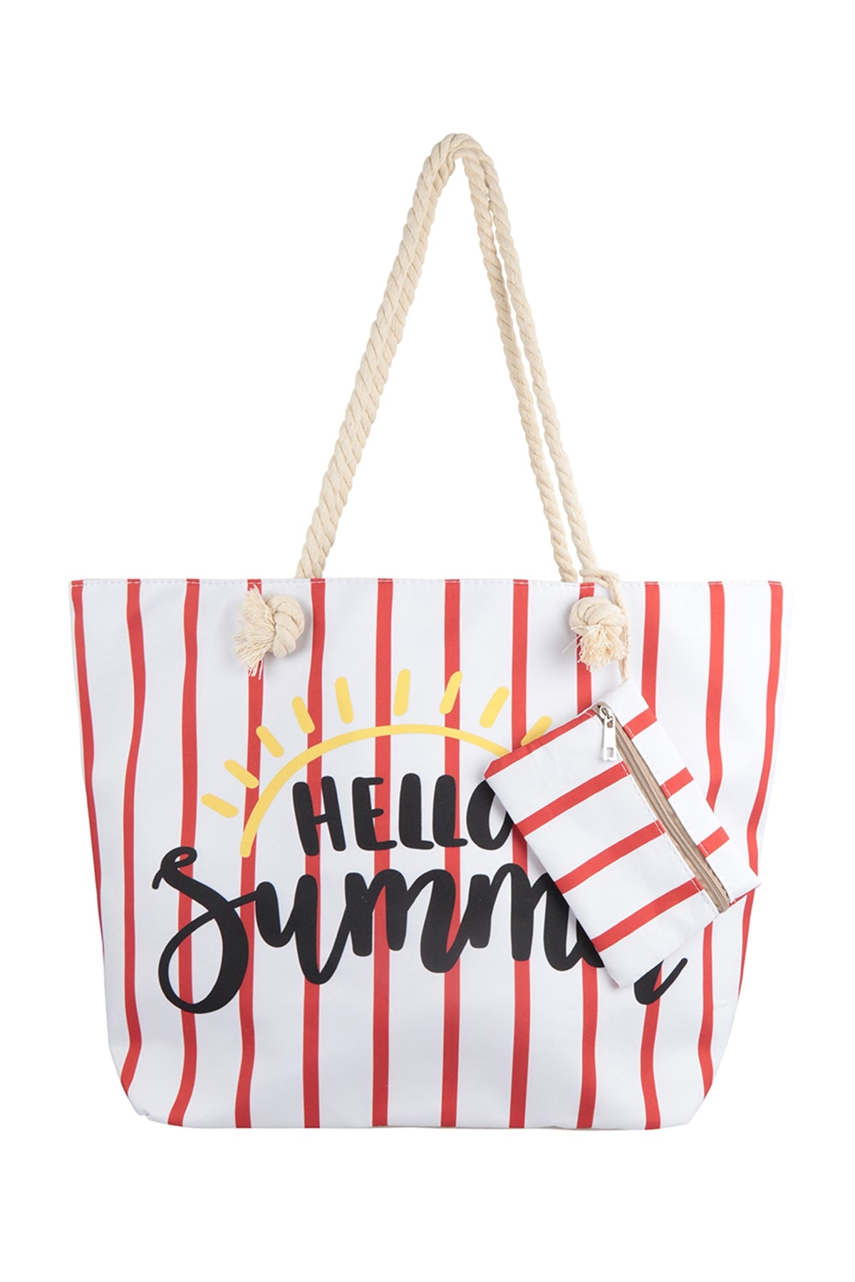 Red Hello Summer Themed Striped Tote Bags with Matching Wallets - Pack of Six