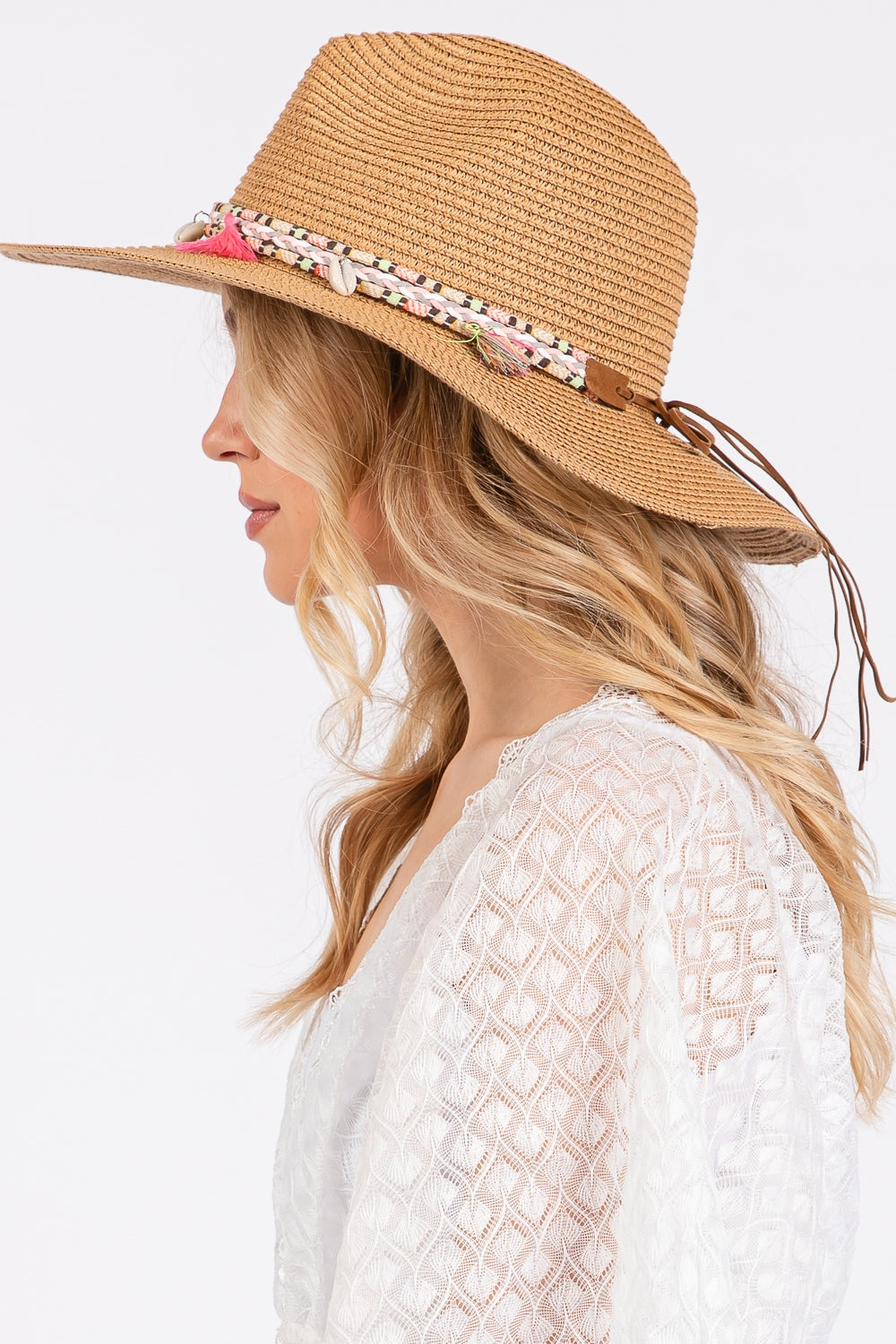 Taupe Boho Tassel Band Straw Sun Hats - Pack of 6