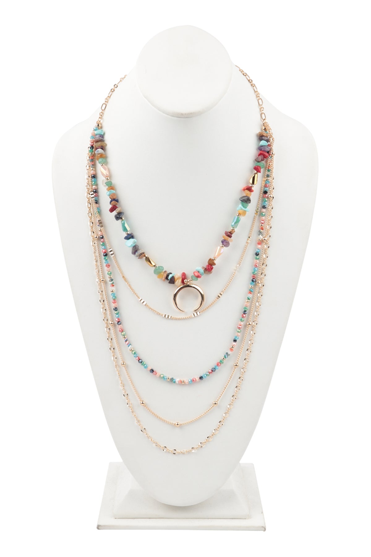 Multicolor Natural Stone Chip Mix Beads Layered Crescent Pendant Necklace - Set of 6