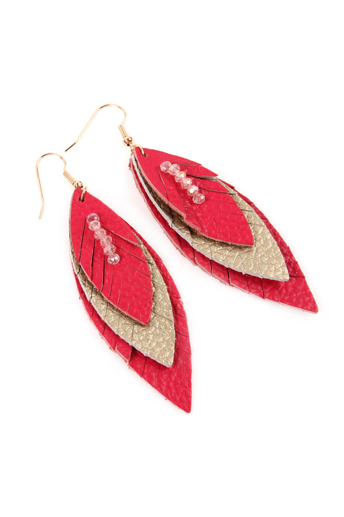 Stylish Fuchsia Three - Tier Fringed Genuine Leather Marquise - Shaped Earrings Set of Six Pieces