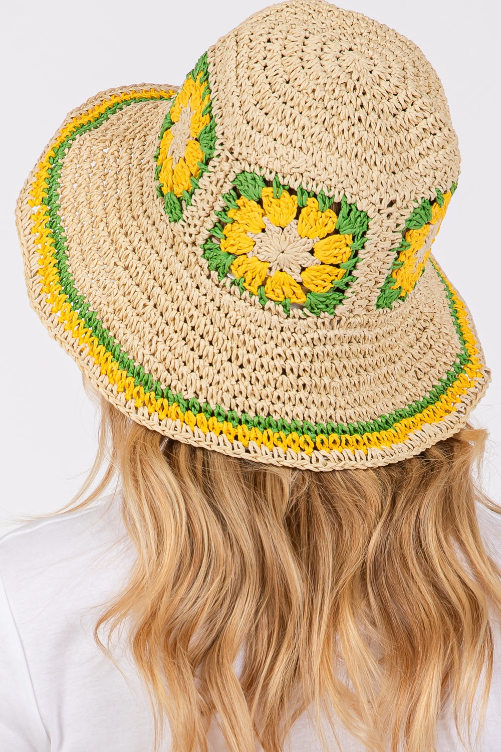 Yellow Floral Crochet Straw Material Bucket Hat - Set of Six Pieces