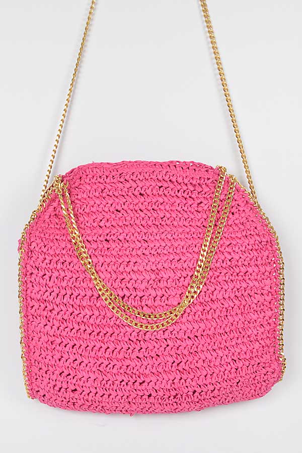 Pack of 3 4211 Fuchsia Faux Straw Chain Tote Bags