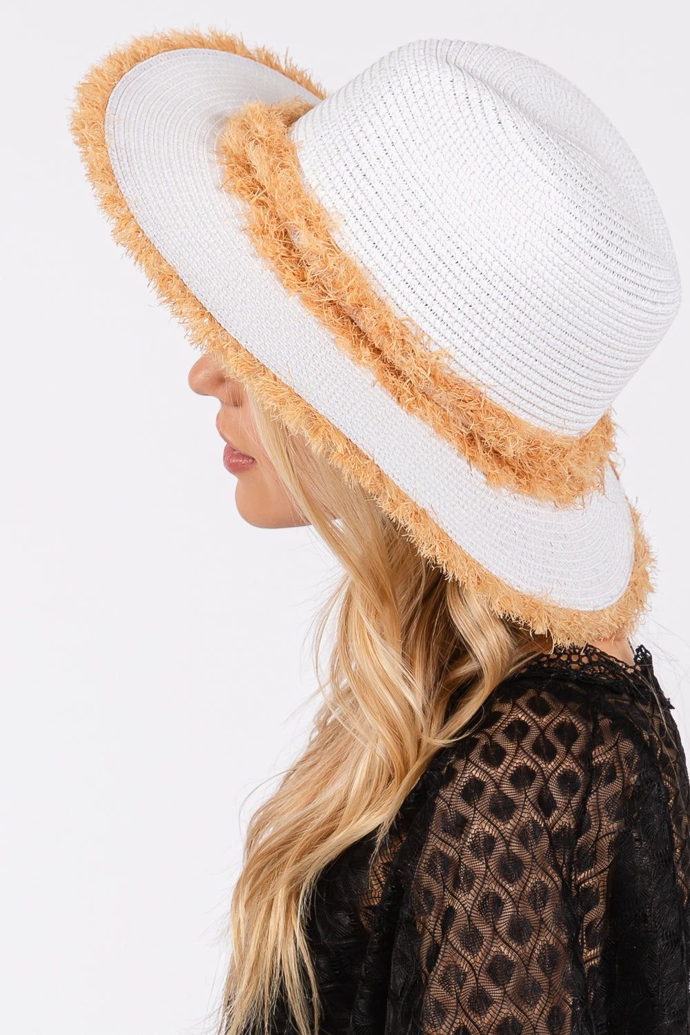 White Frayed Band and Trim Straw Sun Hats - Pack of 6