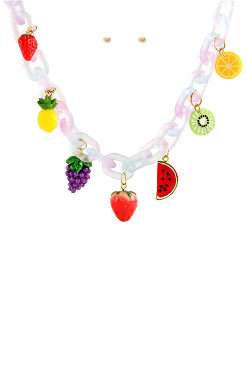 Dainty Acetate Chain Charm Necklace and Earring Set - Lavender Fruits, Pack of 6