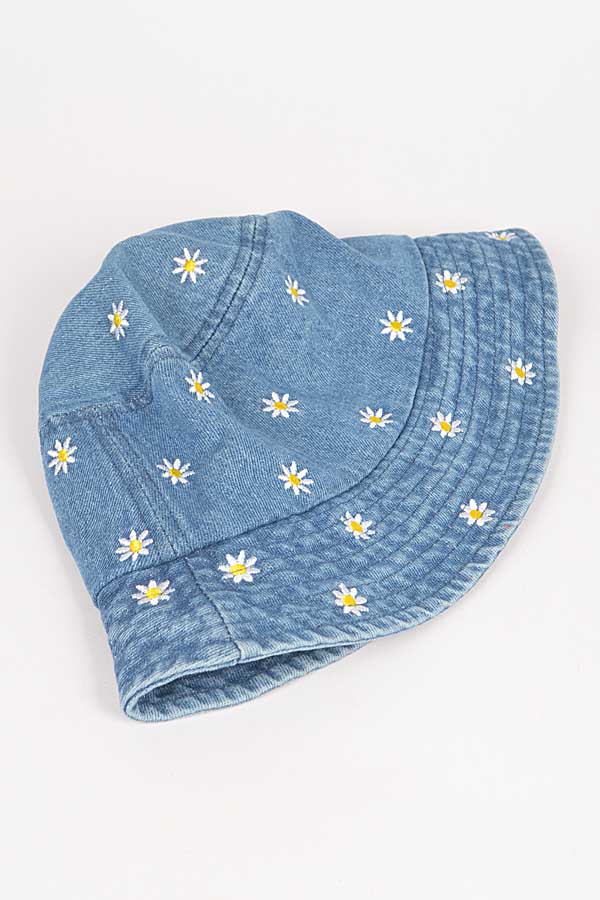 Pack of 6 Medium-Sized 5871 Blue Denim Flower Embroidery Bucket Hats