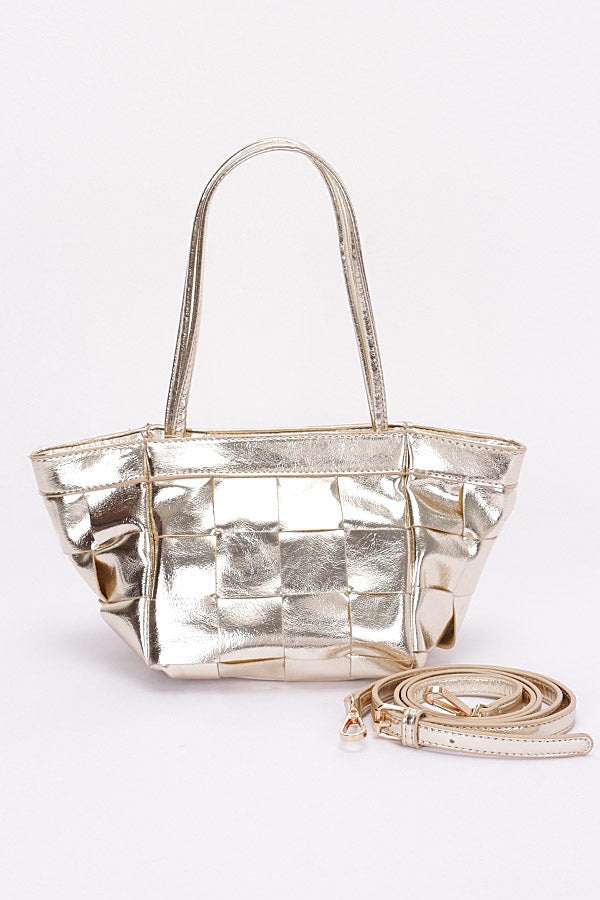 Set of 3 Faux Metallic Leather Braided 9426 Gold Tote Bags