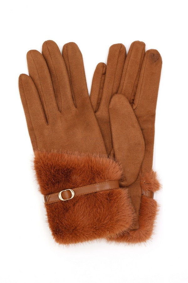 Smart Touch Faux Fur Gloves with Strap Cuff - Pack of 6, Rust Color