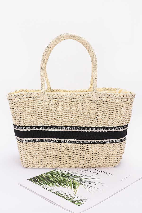 Set of 3 Faux Straw Ivory Tote Bags - 8911