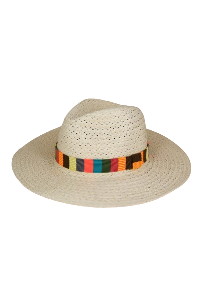 Beige Multicolor Stripe Band Paper Straw Hats - Set of 6