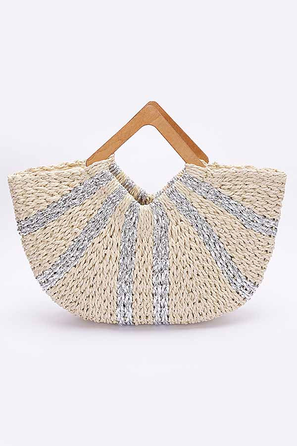 Set of 3 Handmade Faux Straw Metallic Stripe Wooden Handle Bags in Ivory Color (2511)