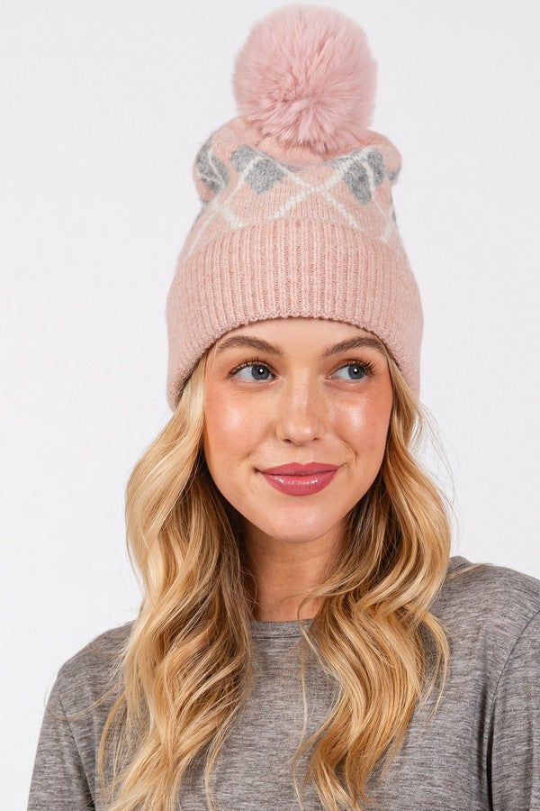 Pack of 6 - 2810 Pink Wool - Blended Argyle Fleece Pom Pom Beanies