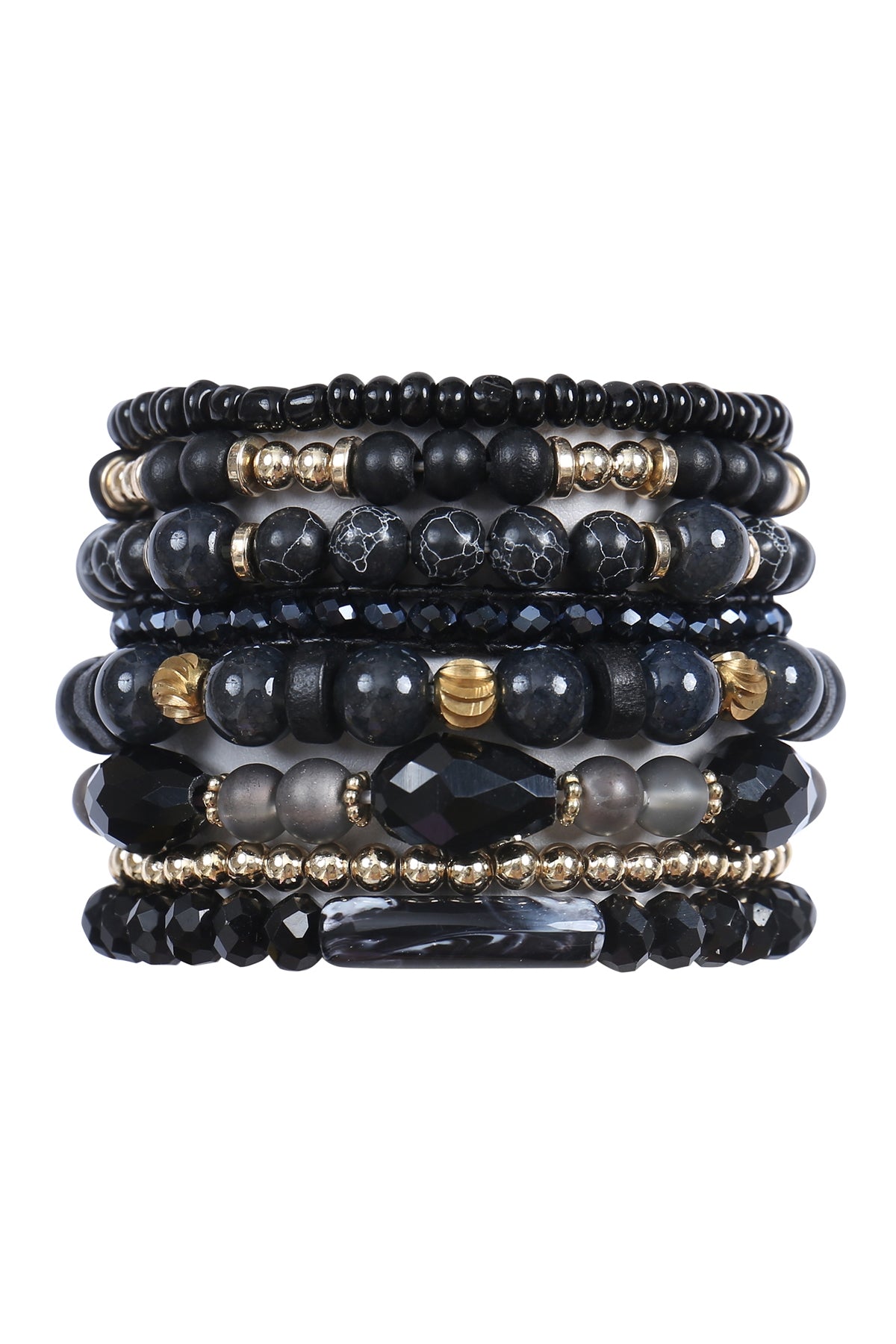 Versatile Stackable Natural Stone & Wood Charm Mix Bracelet Set - Black, Pack of 6