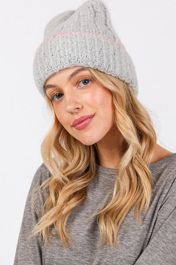 Pack of 6 Two - Tone Line Detail Gray Beanies (Style 7710)