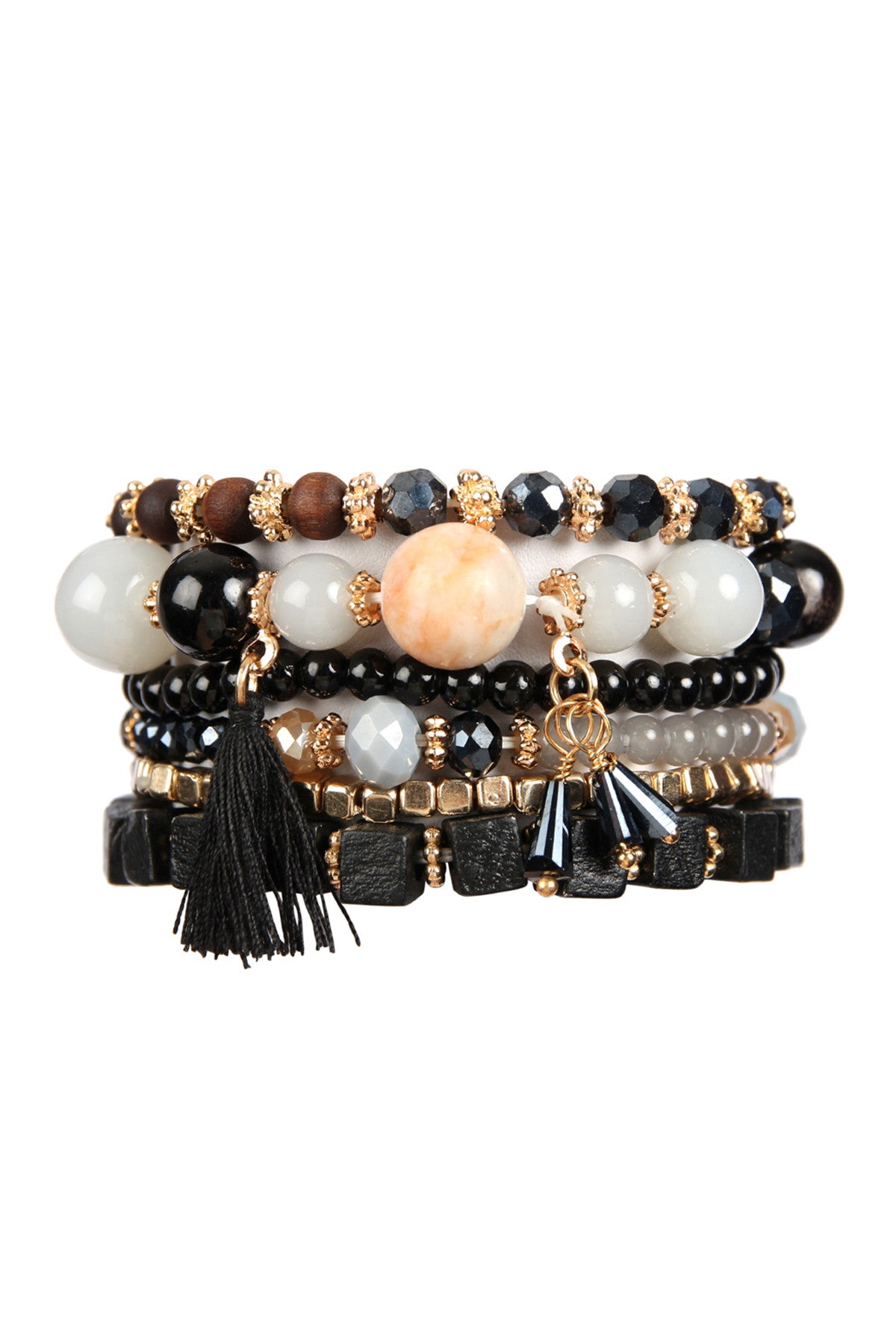 Black Elegant Charm Stack Bracelet Set - Pack of Six Pieces