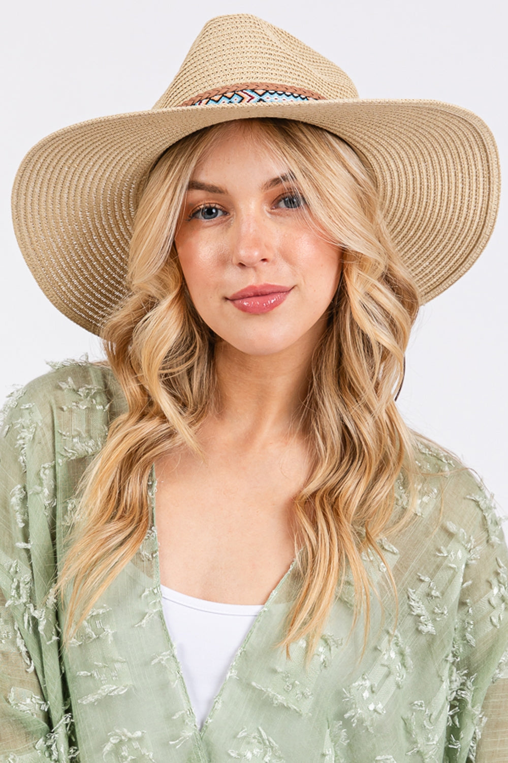 Set of 6 Beige Woven Boho Paper Straw Sun Hats