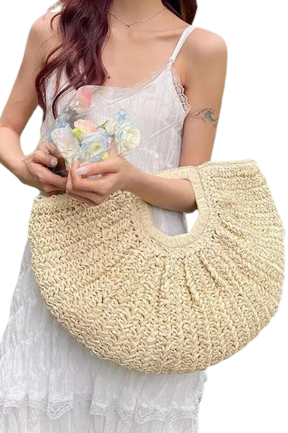 Set of 3 Handmade Faux Straw Handle Bags in Khaki 3511