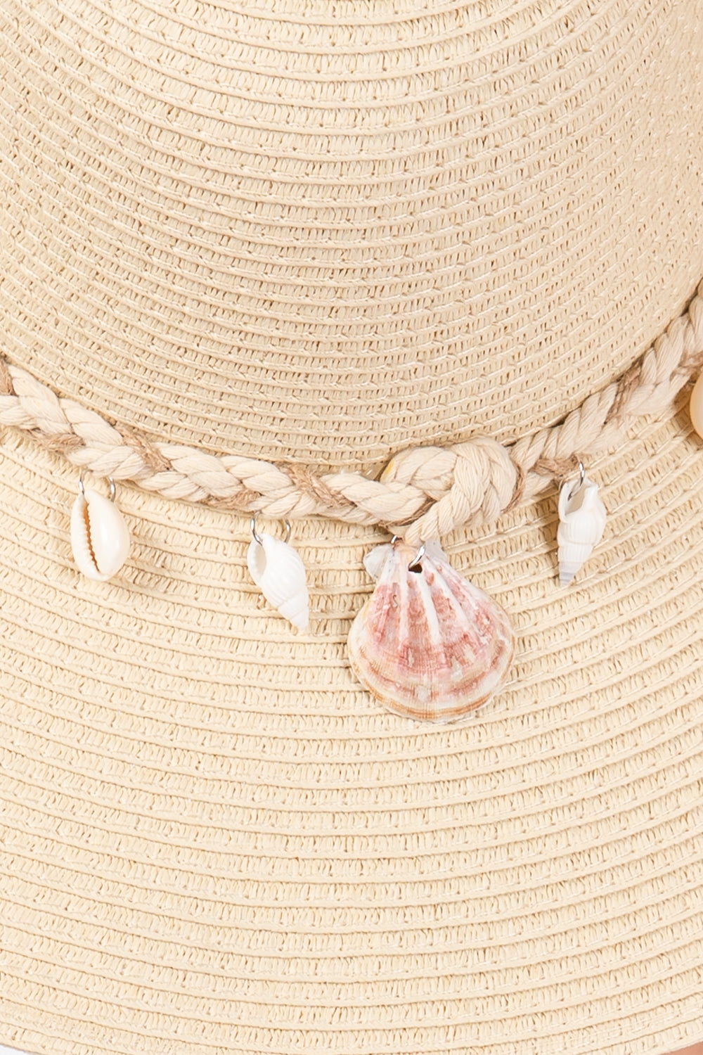 Beige Wide-Brim Straw Sun Hat with Shell and Conch Braided Band - Set of 6