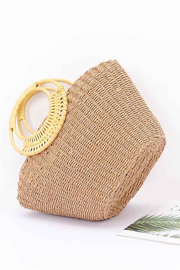Ivory Faux Straw Tote Bags with Bamboo Handles - Pack of 3