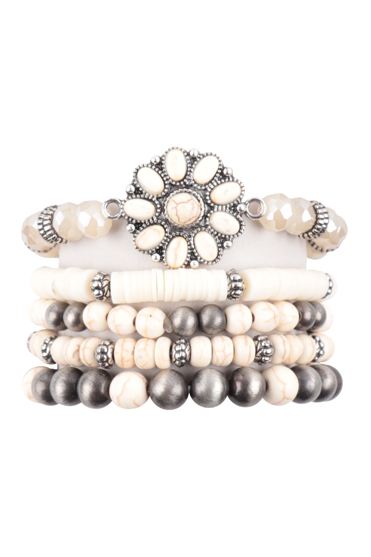 Pack of 6 Natural 5 - Line Western Concho Flower Stone Bracelets