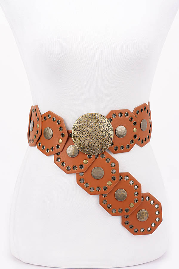 Antique Gold Camel Style Multi - Metal Round PU Vintage Belt - Pack of Six