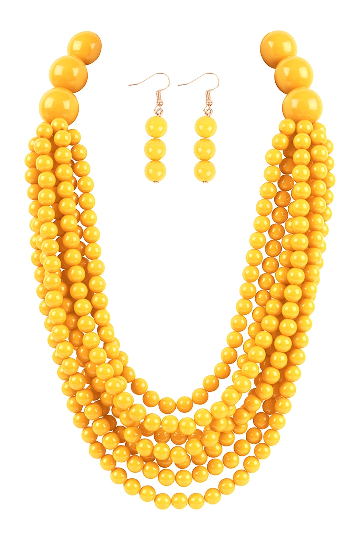 Mustard-Colored Round Bead Layered Statement Necklace and Earring Jewelry Set - Pack of Six Pieces