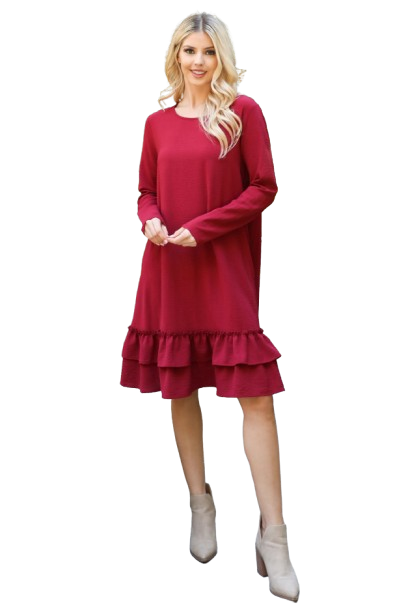 Wine-colored Long Sleeve Woven Dress with Flat Merrow Detail Hem - Set of Four Pieces