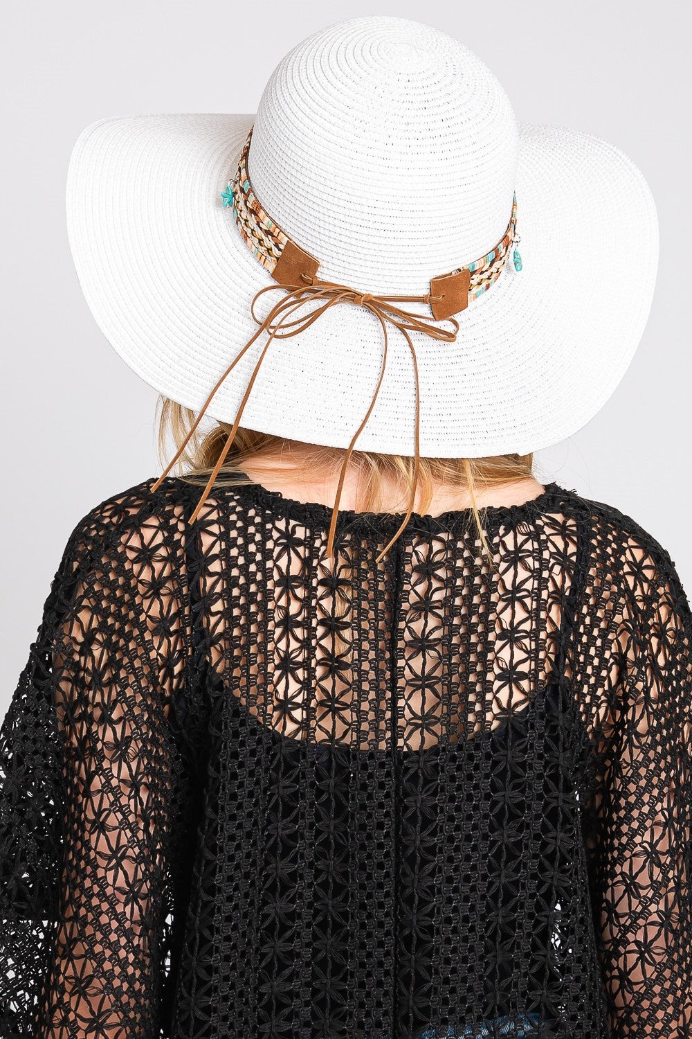 Pack of 6 White Floppy Straw Hats with Bohemian and Sea - themed Bands