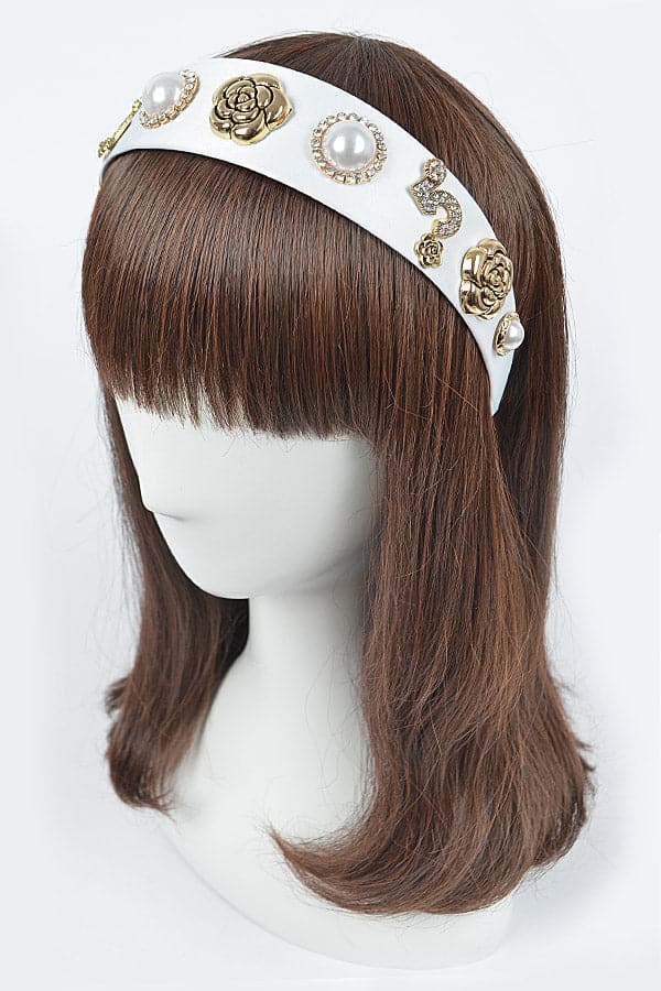 Set of 6 White Plastic Hairbands with Imitation Gemstones - 4112