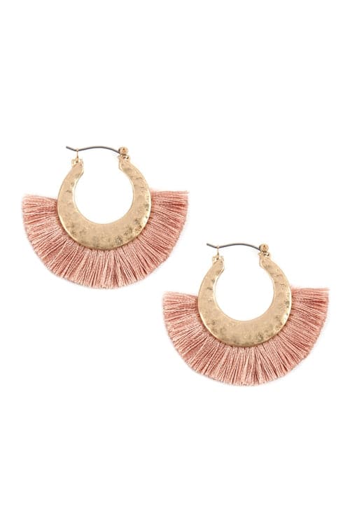 Pack of 6 Dusty Pink Fan Tassel Earrings with Hammered Metal Hoop - Jewelry Accessories
