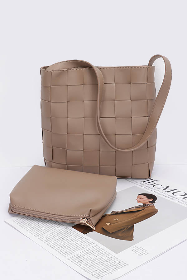 3-Piece Set of 2711 Faux Leather Braided Khaki Shoulder Bags