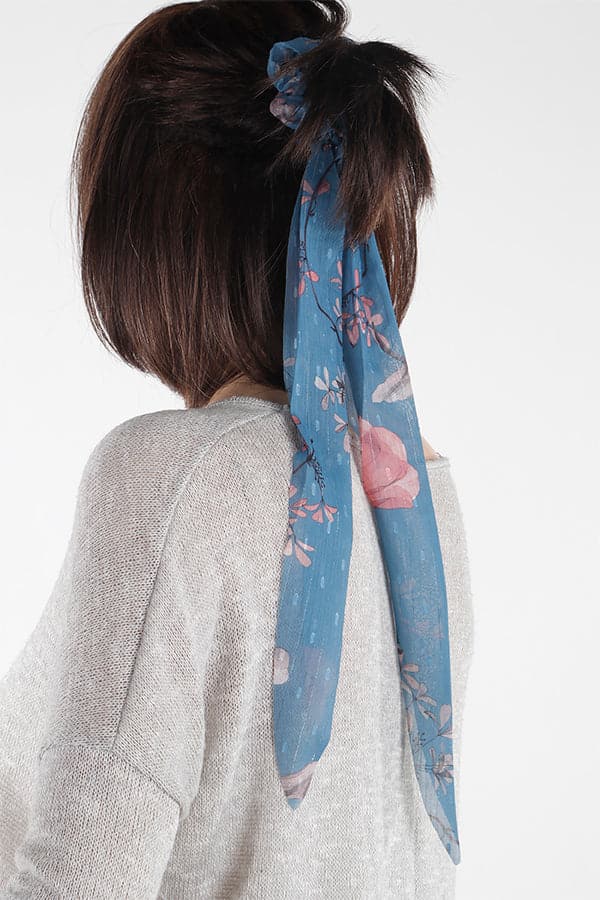 Set of 6 Transparent Blue Flower Pattern Scrunchies