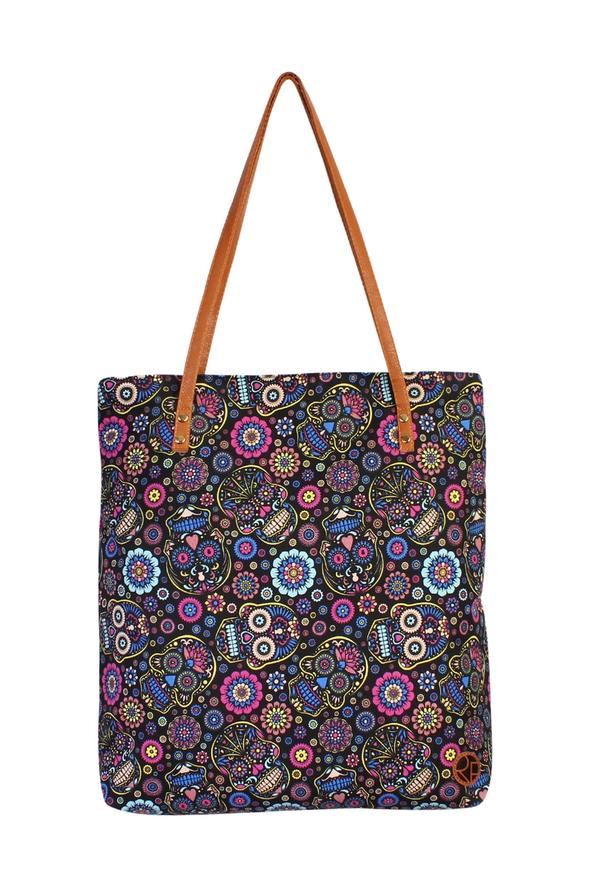 Set of 6 Black Skull Flower Printed Polyester Tote Bags