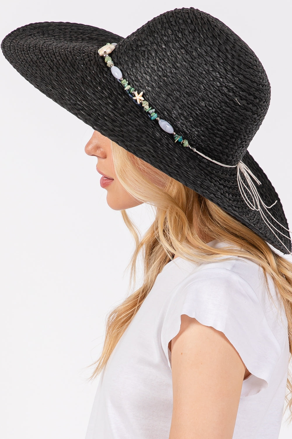 Black Wide Brim Floppy Sun Hats with Turquoise Stone & Starfish Band - 6 Pack