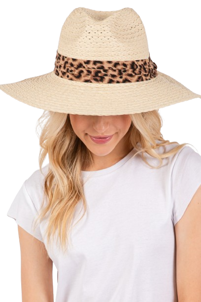 Beige Leopard Band Straw Sun Hats - Set of 6 for Casual Outdoor Wear