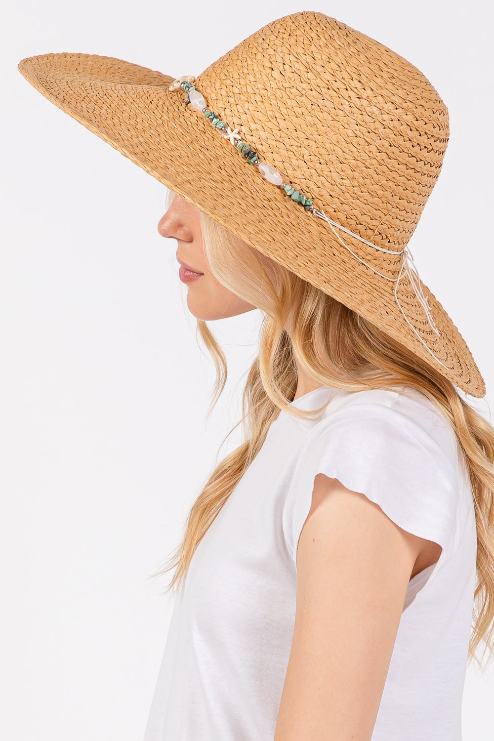 Pack of 6 Taupe Wide Brim Floppy Sun Hats with Turquoise Gemstone and Starfish Decorative Band