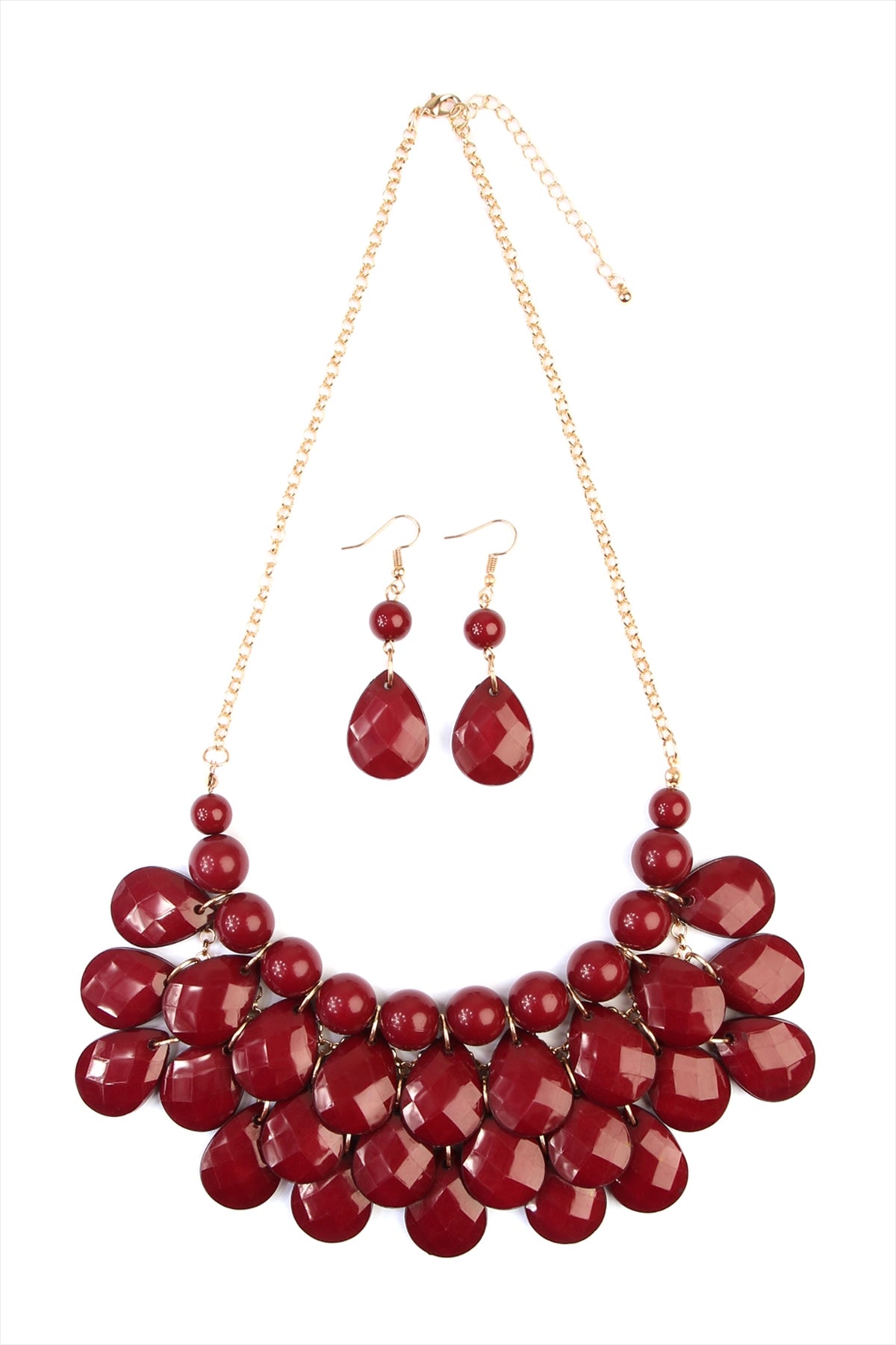 Burgundy Teardrop Bubble Style Bib Necklace and Earring Jewelry Set - Pack of Six Pieces
