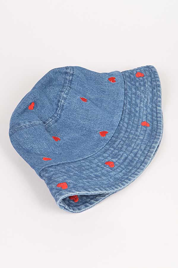 Pack of 6 Medium Blue Denim Heart Embroidery Bucket Hats