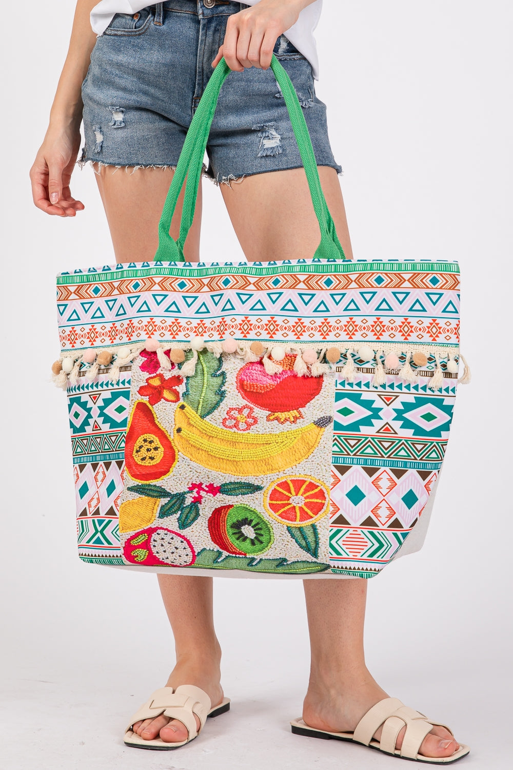 Green Fruit Bohemian Print Pom Pom Fringe Polyester Tote Bag with Zipper Closure - Pack of Six