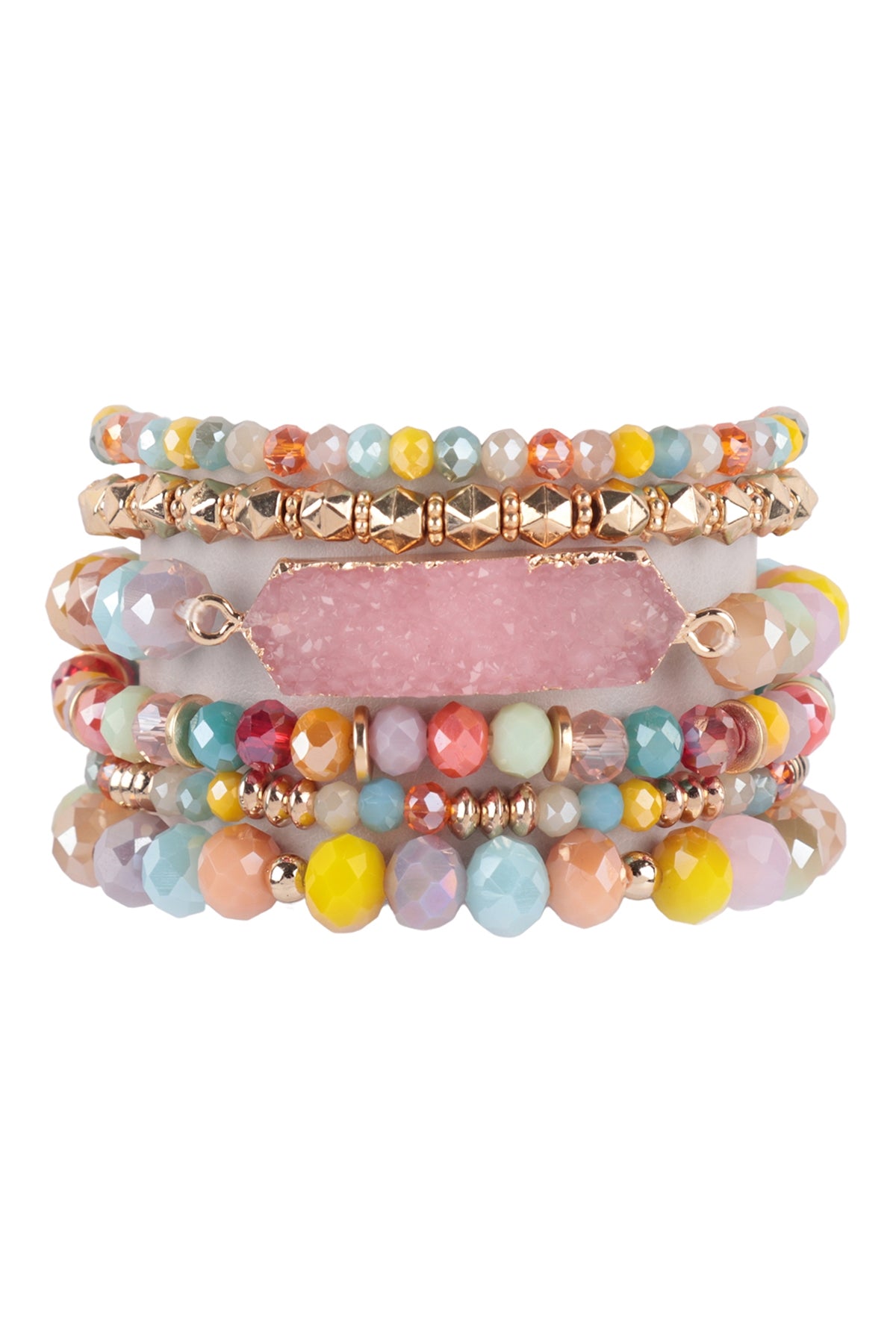 Light Multicolor Druzy Oval Glass Beads Charm Bracelets - Set of 6