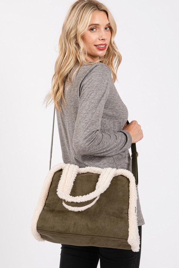 Olive Fleece Trimmed Solid Tote and Crossbody Bag - Pack of 3