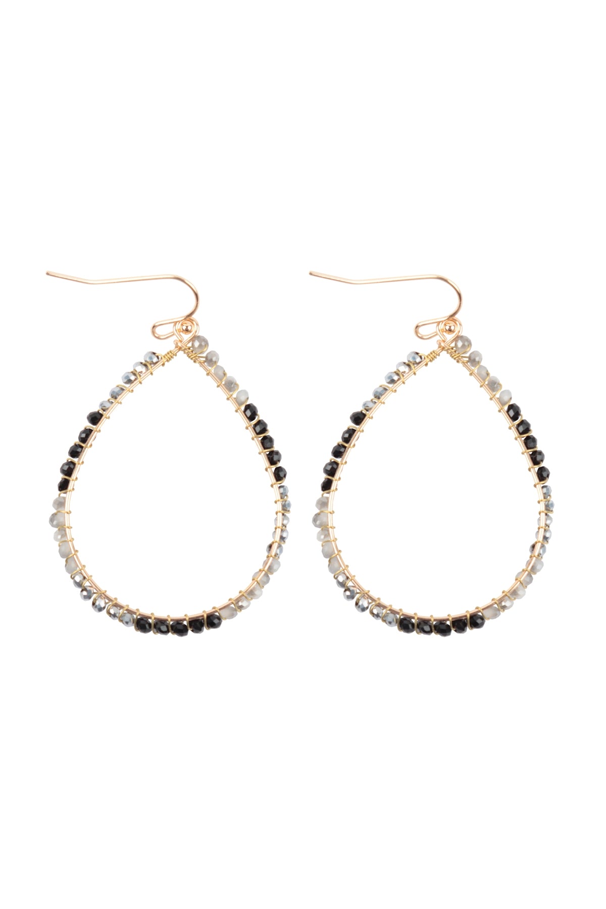 Black Wire Teardrop Glass Beads Fish Hook Earrings - Set of 6