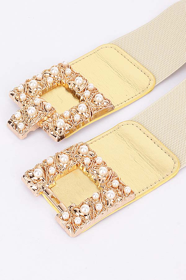 Set of 6 Pieces of 9088 Gold Pearl Metal Buckle Elastic Belts