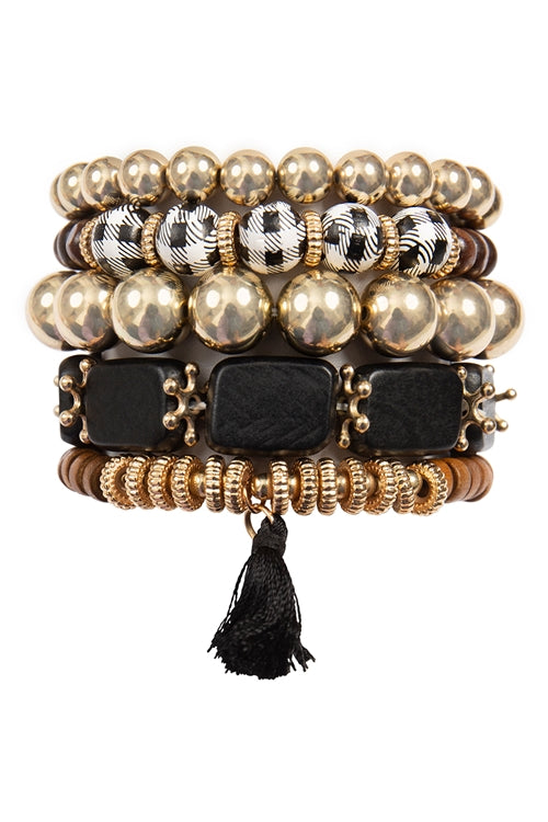 Versatile Set of 6 Black Check Pattern Wood Square Bead, Tassel Pendant, and Charm Bracelets