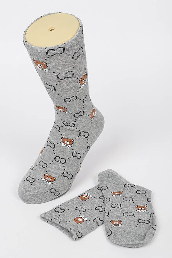 Pack of 6 Gray Teddy Bear Socks - Style 1358