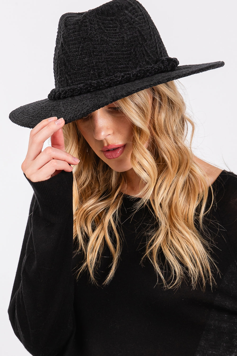 Black Chenille Pattern Fedora Hats with Braided Bands - Pack of Six Stylish Headwear