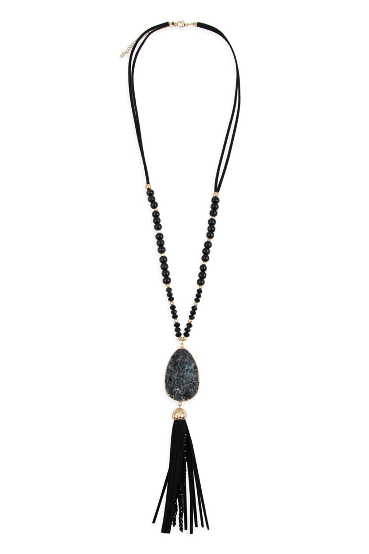 Set of 6 Black Natural Stone Necklaces with Tassel Pendants
